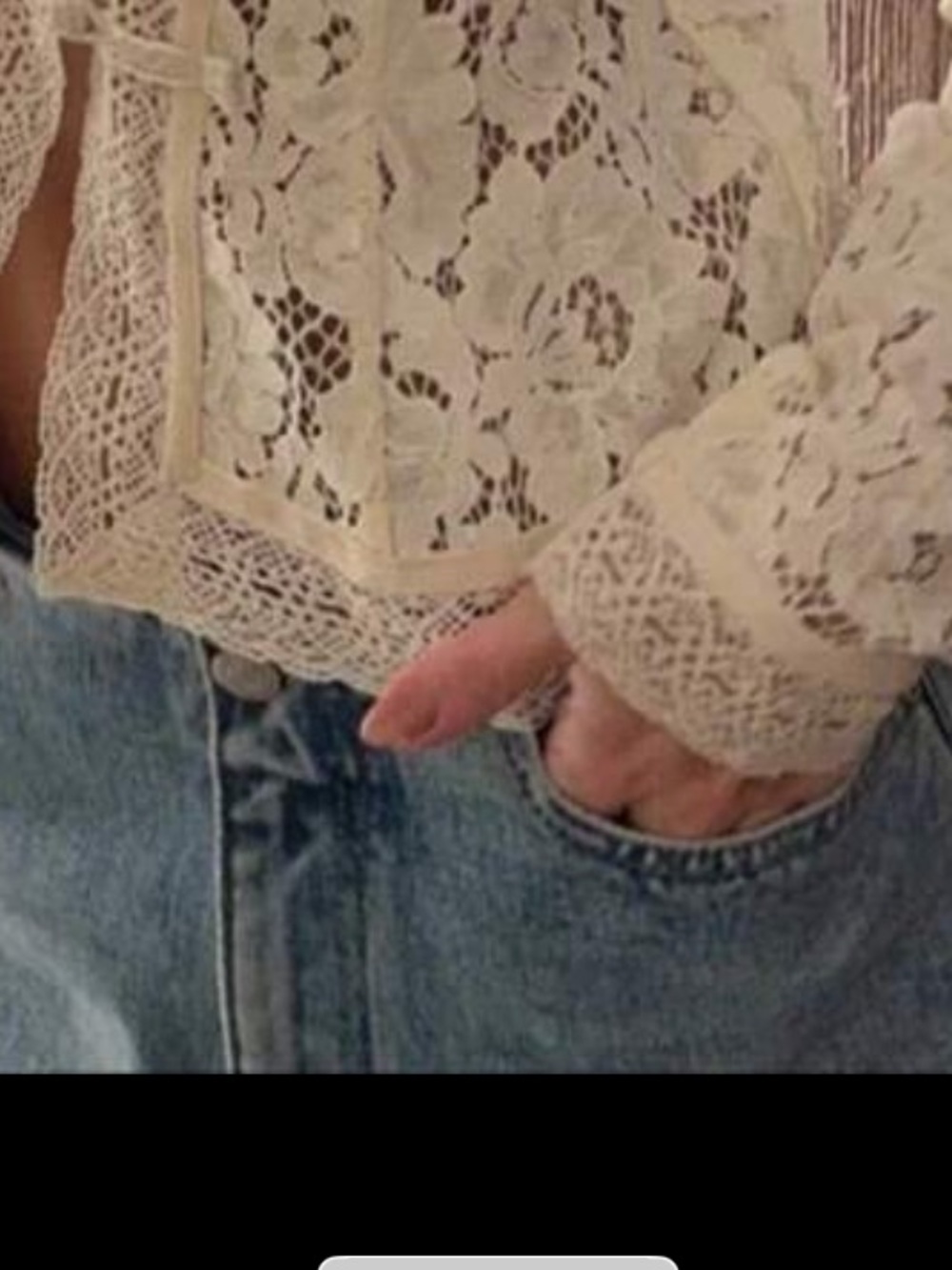 Lace crochet trim mandarin frog button ivory Cream Long-Sleeve Top - Picture 5 of 9